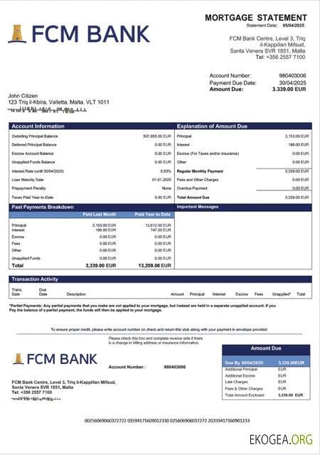 Modèle Word et PDF de relevé hypothécaire de la Banque FCM de Malte